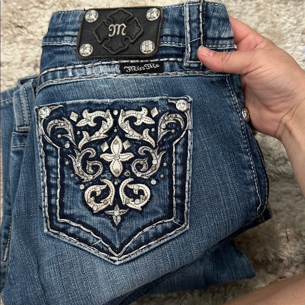 Miss Me Blue Boot Cut Jeans with Embroidery - Picture 3 of 5